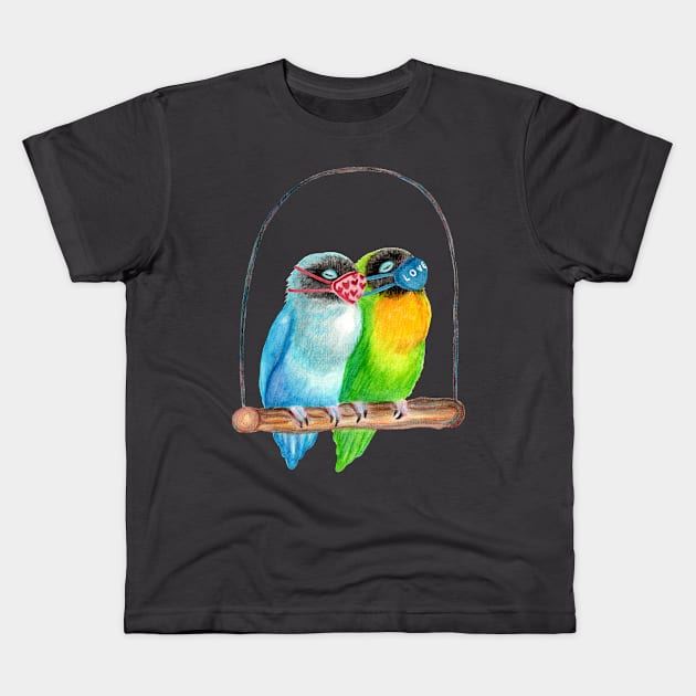 Sleepy Lovebirds Wearing Masks Illustration Kids T-Shirt by IvyLilyArt